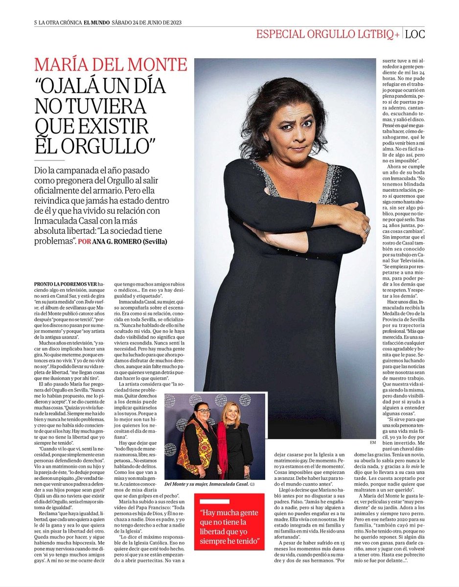 La reina de las #sevillanas, #MaríadelMonte , habla de muchas cosas con <a href="/LaOtraCronica/">La Otra Crónica</a> de <a href="/elmundoes/">EL MUNDO</a> . 
#LOC #Orgullo #música #Sevilla