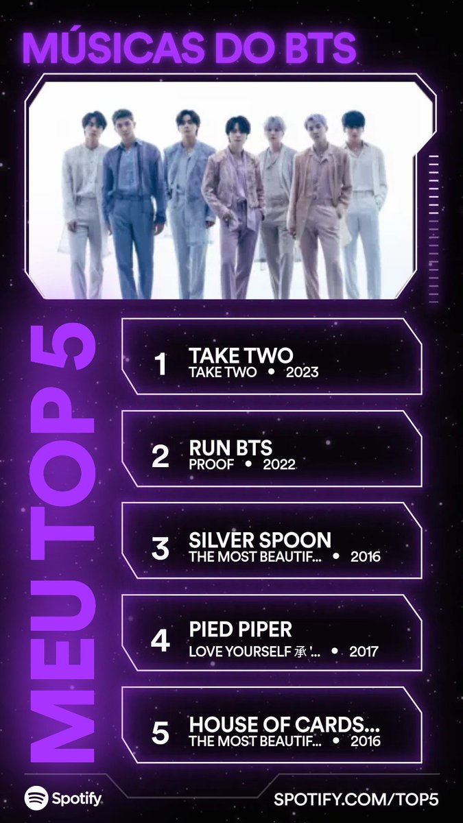 CHRISLBAP's tweet image. Este é meu Top 5 com as músicas de BTS. E o seu? spotify.com/top5 #Top5doSpotify
open.spotify.com/site/top5?si=T…