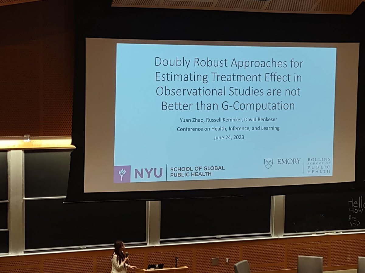 Last talk for the day on 'Doubly Robust Approaches for Estimating Treatment Effect in Observational Studies are not Better than G-Computation' #chil2023 #chilconference