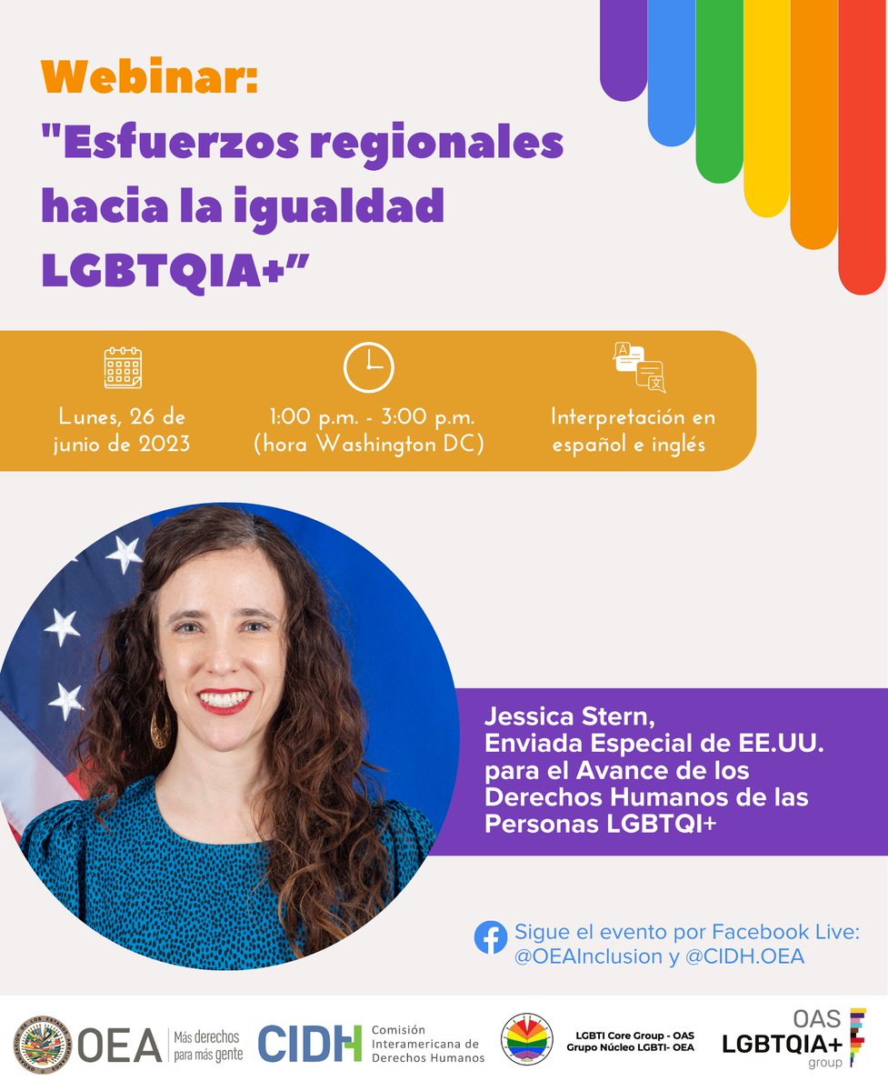 Este Lunes🗓️
No te pierdas el seminario web "Esfuerzos regionales hacia la igualdad #LGBTQIAplus"

🕘1 pm. (EDT)

Sigue el evento por #FacebookLive⬇️
bit.ly/36K6wHA o bit.ly/3JvNqF8

Conoce a los panelistas del 2do panel que será moderado por  Jessica Stern👇🏿