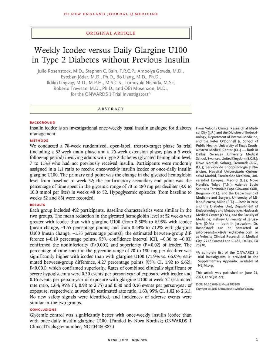 Presented at #ADA2023: In an open-label, treat-to-target phase 3a trial involving adults with type 2 diabetes who had not previously received insulin, glycemic control was better with once-weekly insulin icodec than with once-daily insulin glargine U100. nej.md/3pg2bFj