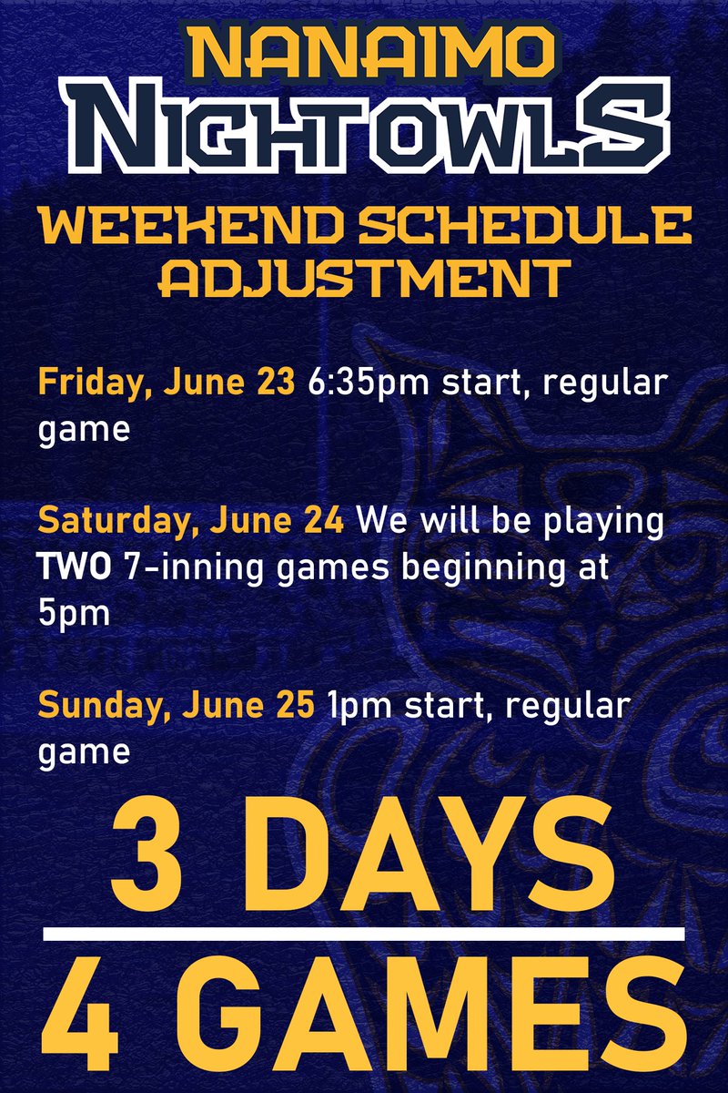 🚨 TODAY 🚨

Reminder to our Fan's that we have a bit of an altered schedule this weekend to make up for our rain-out in Edmonton. Please note the change in time and addition of a second game to Today's schedule, as well as the 5pm start.

#NightOwls #Baseball #Nanaimo #YCD