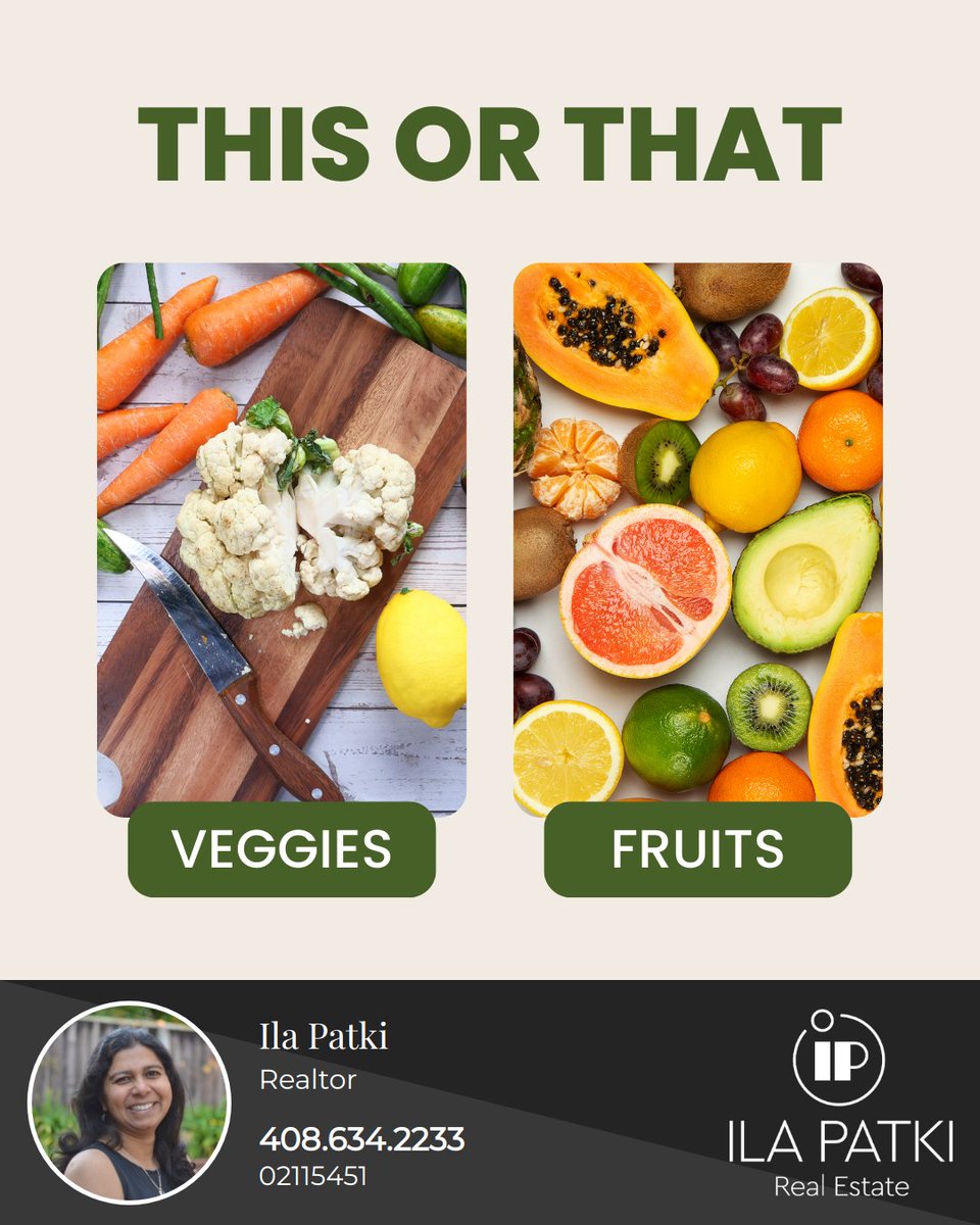 Are you more of a veggie person or fruit person?

Share below which you would choose!

🍇🥦

#thisorthat #chooseone #foodie #healthyliving #healthyfoods #veggies #fruits #questionprompt #ilapatkirealestate #bayarearealtor #bayarearealestateagent #compassagent