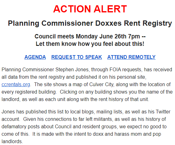 This is how our local far-right group "Protect Culver City" is characterizing the attempt to give tenants access to the same rent price history that their landlords have. 

(our site: ccrentals.org)

So here's a thread showing the desire to bring this to other cities...