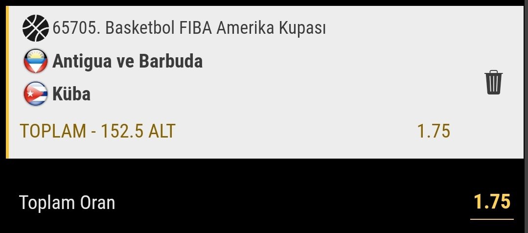 Canlıdan devam ediyoruz.
Fiba Amerika Kupası 🏀
Acele edin dostlar oran düşmeden 150ye kadar alt oynamanizi öneririm  
Stake 8,5
Bol Şans
#1xbet #bet #BETWOON #bahis #Canlibahis #bahis #CANLI #tennisbet