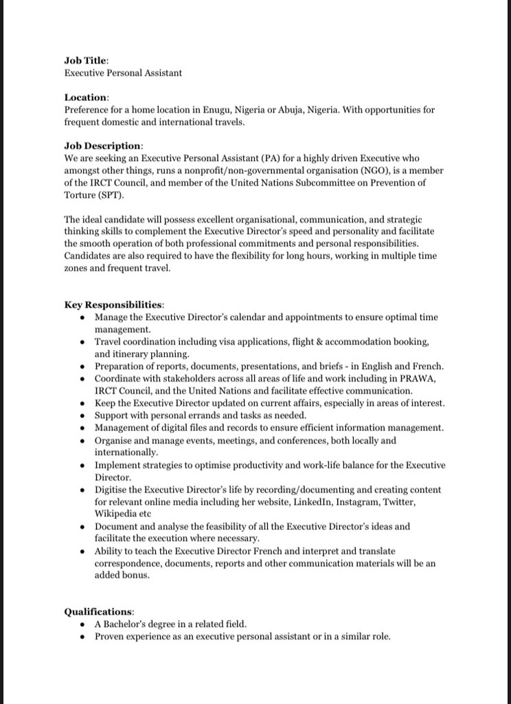 Jobs with Aramide on Twitter "Job Title Executive Personal Assistant