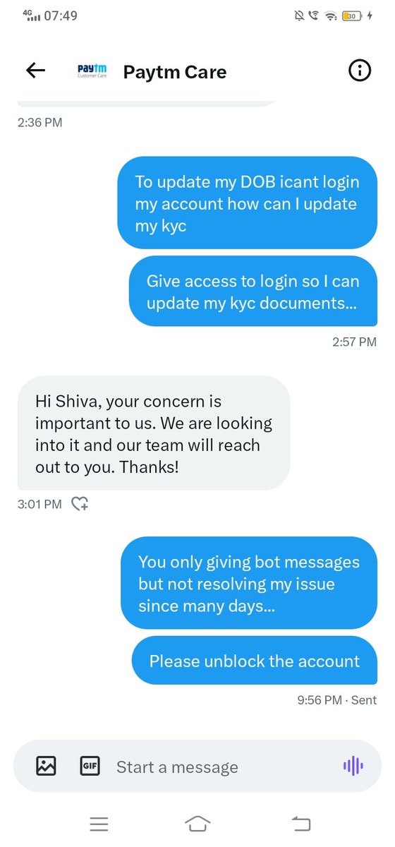 ShivaAbd360's tweet photo. Poor services from the @Paytmcare and @paytmbankcare 
They have said their team will resolve the my problem but still no response from them iam losing honesty with Paytm ... please unblock my account as soon as possible .. https://t.co/VIcAVq9lXN