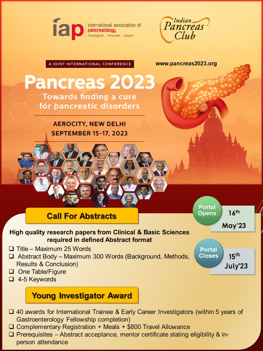 📢 Deadline for abstracts for PANCREAS 2023 has been extended to 📅 15th JULY. Let's march together for finding a cure for pancreatic disorders!! 🔗 for abstract submission pancreas2023.org/abstract-submi… @JagannathSoumya @Sudipta20534 @Jayanta_sam