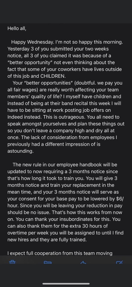 “Hi, this is my updated official notice of resignation, effective immediately. 

EEOC and my lawyer will be in contact.”