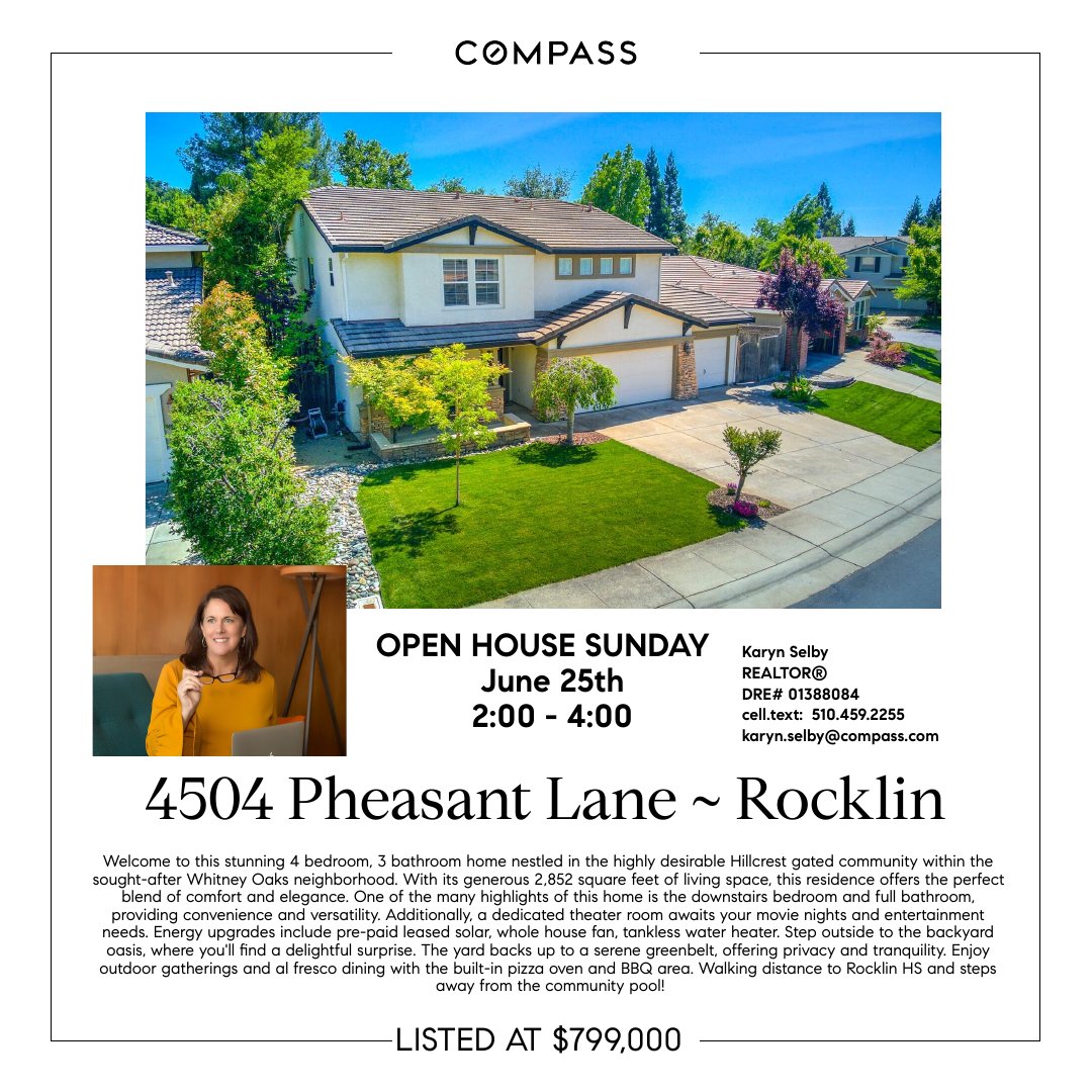 OPEN HOUSE:  Come visit me and see the fabulous home in Rocklin.  4 bed., 3 baths with a theater room and awesome indoor-outdoor living, complete with a pizza oven and plenty of entertaining space in the backyard. 

Listed for $799,000.