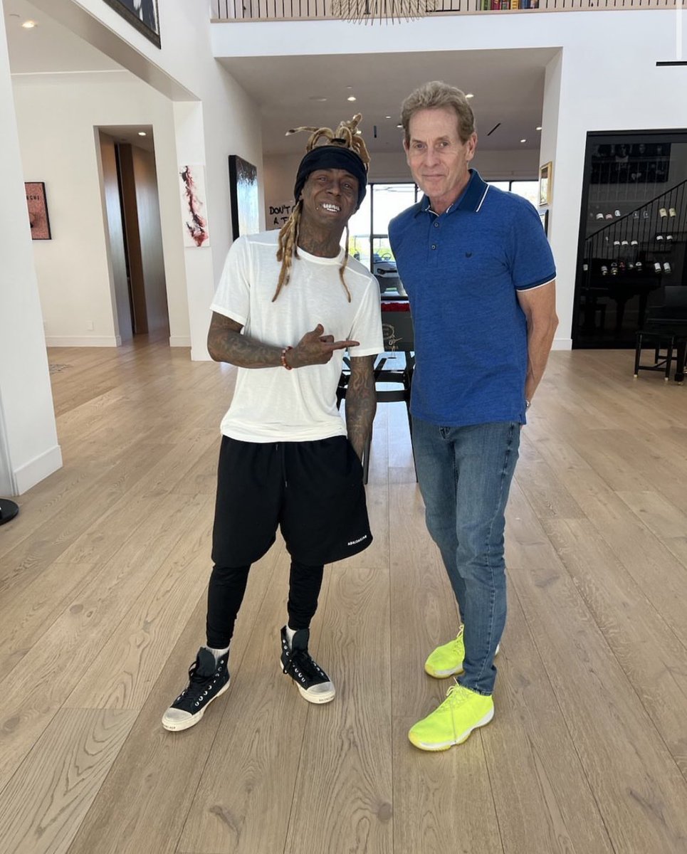 RealSkipBayless's tweet photo. Ernestine and I just got back from spending a sun-blessed LA Saturday afternoon at Lil Wayne’s. 4 hours of the best conversation 3 humans could hope to have - on music, sports and life. Deep thoughts punctuated by big laughs. Love you, man. https://t.co/CoCZlSS9kU