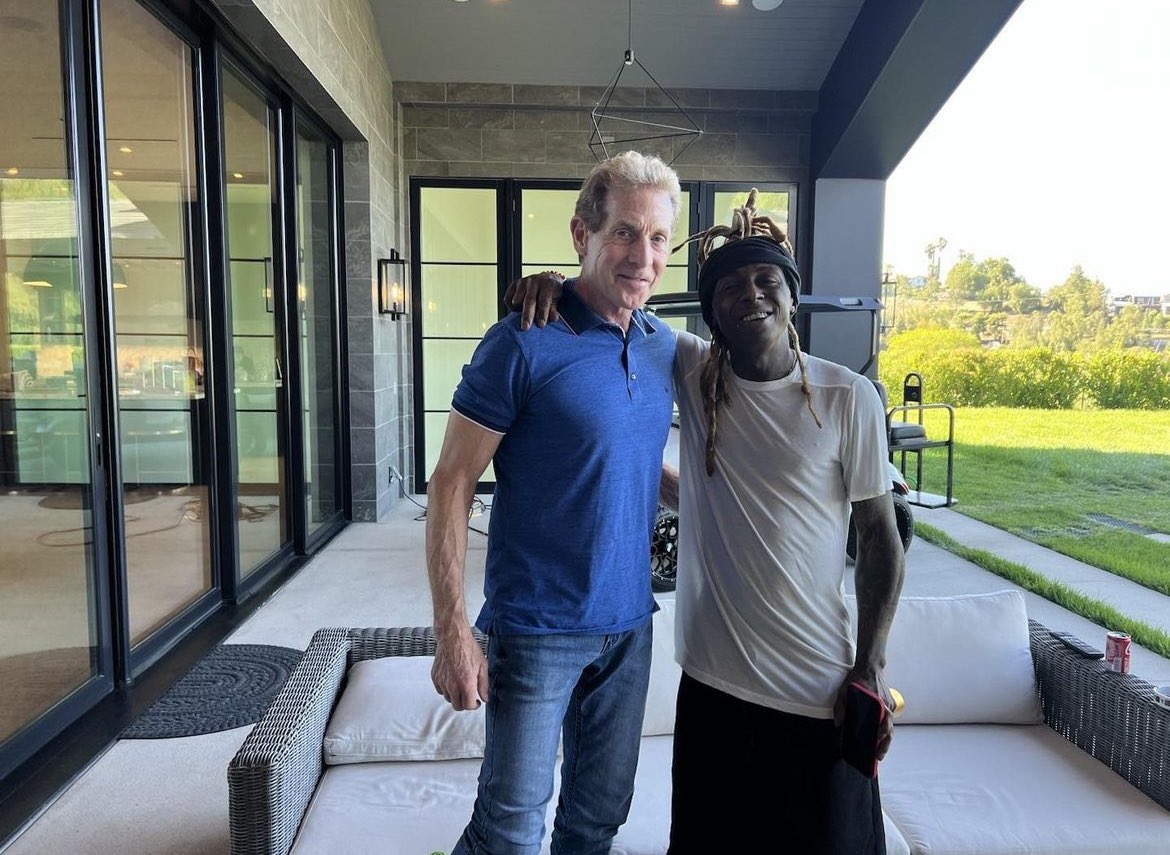 RealSkipBayless's tweet photo. Ernestine and I just got back from spending a sun-blessed LA Saturday afternoon at Lil Wayne’s. 4 hours of the best conversation 3 humans could hope to have - on music, sports and life. Deep thoughts punctuated by big laughs. Love you, man. https://t.co/CoCZlSS9kU