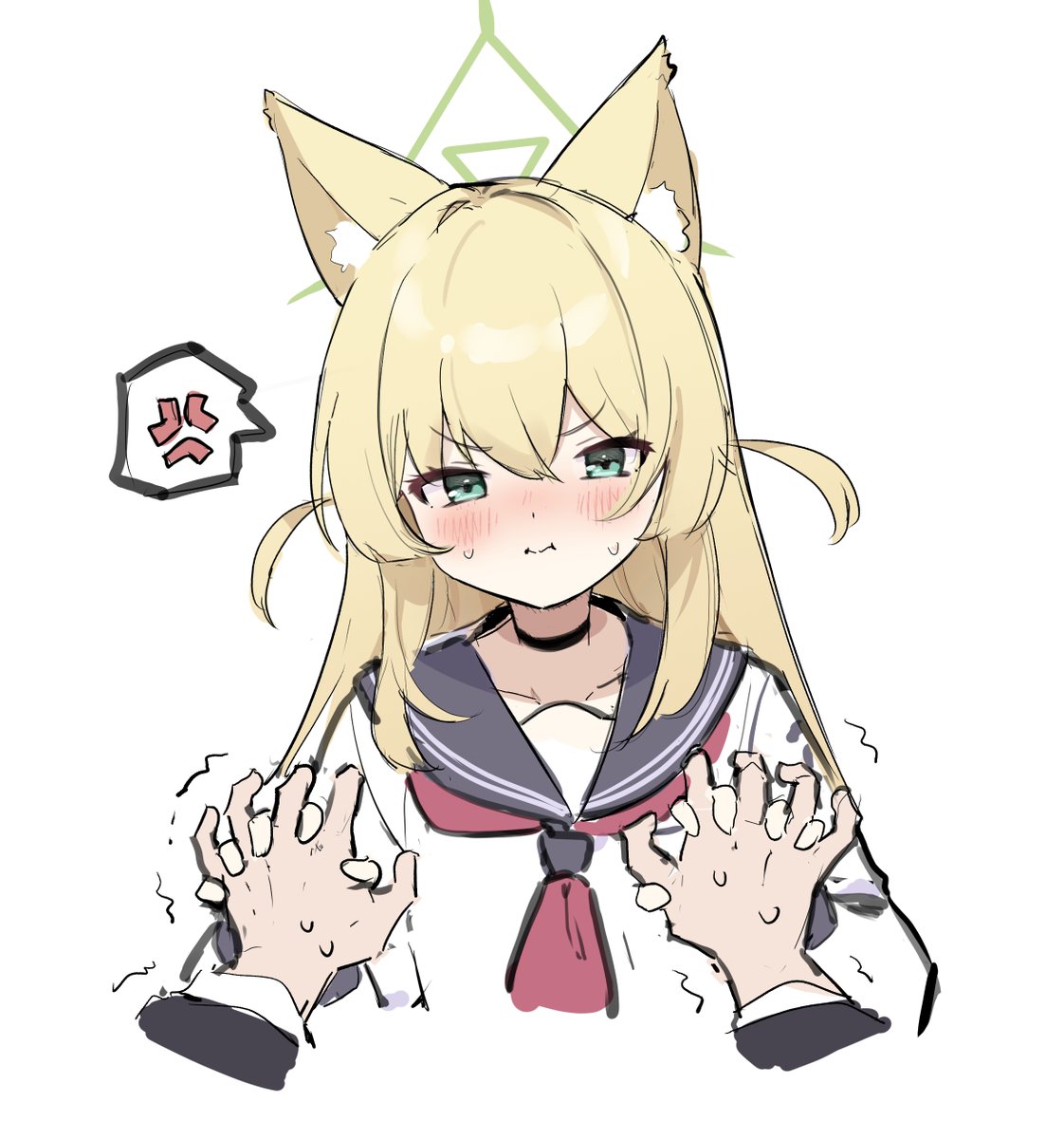 1girl animal ears anger vein blonde hair blush school uniform holding hands  illustration images