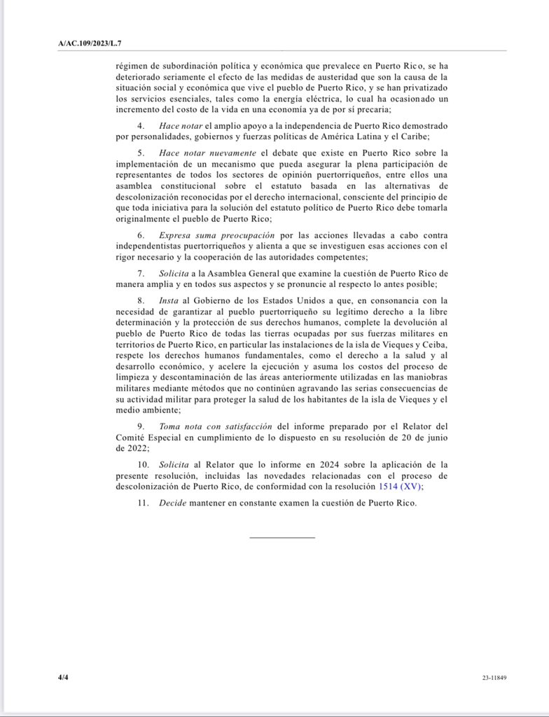 AAJContinental's tweet photo. Resolución sobre el caso colonial de Puerto Rico aprobada en el Comité Especial de Descolonización de ONU. Dada el 22 de junio de 2023. https://t.co/ShhmD6Yw8y
