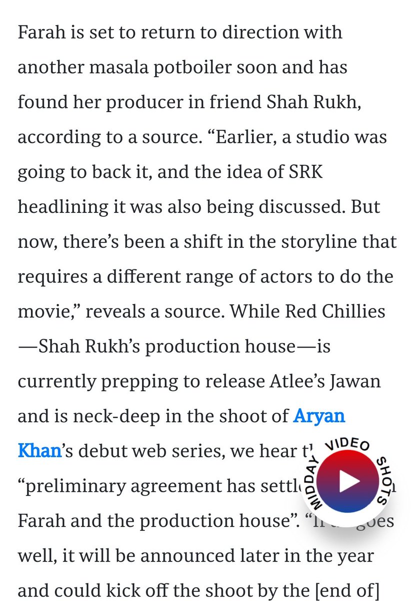 Latest Midday article: #FarahKhan in talks to direct a out & out masala potboiler for #ShahRukhKhan , which could be announced towards the end of the year. 

#31YearsOfShahRukhKhanEra
@iamsrk