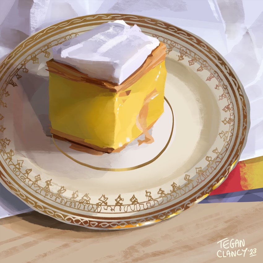 teganclancy's tweet photo. Afternoon surprise treat of a vanilla slice! Found a cute plate, ate half, painted the other half 😄 💛 https://t.co/gAkHQtKFbI