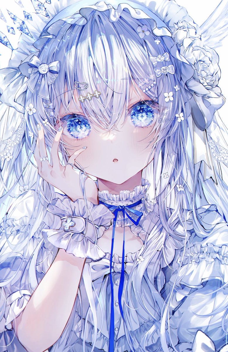 1girl solo blue eyes looking at viewer hair ornament frills long hair  illustration images