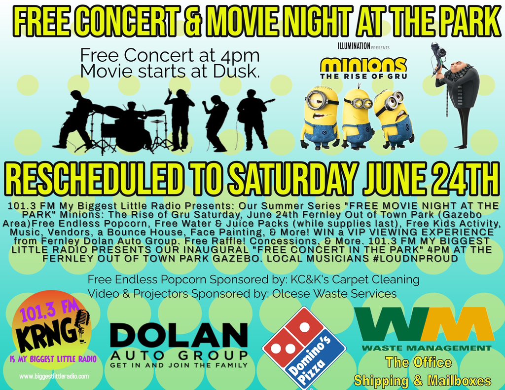 DJFierceNV's tweet photo. TODAY! 😃 FREE CONCERT 🎶 @ 4PM &amp; FREE MOVIE 🎥 @ Dusk. Fernley Out Of Town Park. Music 🎵 Vendors, Food, Bounce House, Face Painting, &amp; more. Fun for the whole family! https://t.co/mQXQXnBkJ7