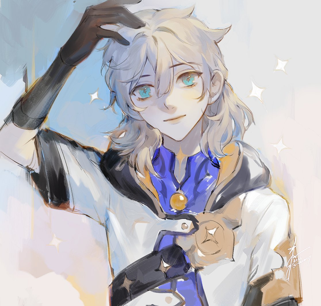 albedo (genshin impact) 1boy male focus solo gloves blue shirt sparkle hair between eyes  illustration images