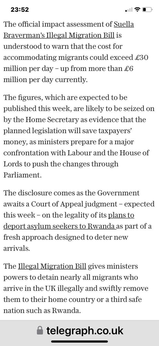 Cost of housing asylum seekers in hotels & other temporary accommodation is on course to reach up to £11 billion a year as rising numbers of arrivals add to the growing backlog.

The official impact assessment of Suella Braverman’s Illegal Migration Bill is understood to warn 👇