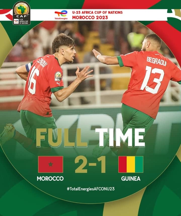 ToshSports's tweet photo. FULL-TIME ⏰
Abdessamad Ezzalzouli leads a dramatic Morocco comeback to get all 3 points 🆚 Guinea!
🇲🇦 2-1 🇬🇳
#TotalEnergiesAFCONU23 | #MARGUI https://t.co/AiD1Z0syAM
