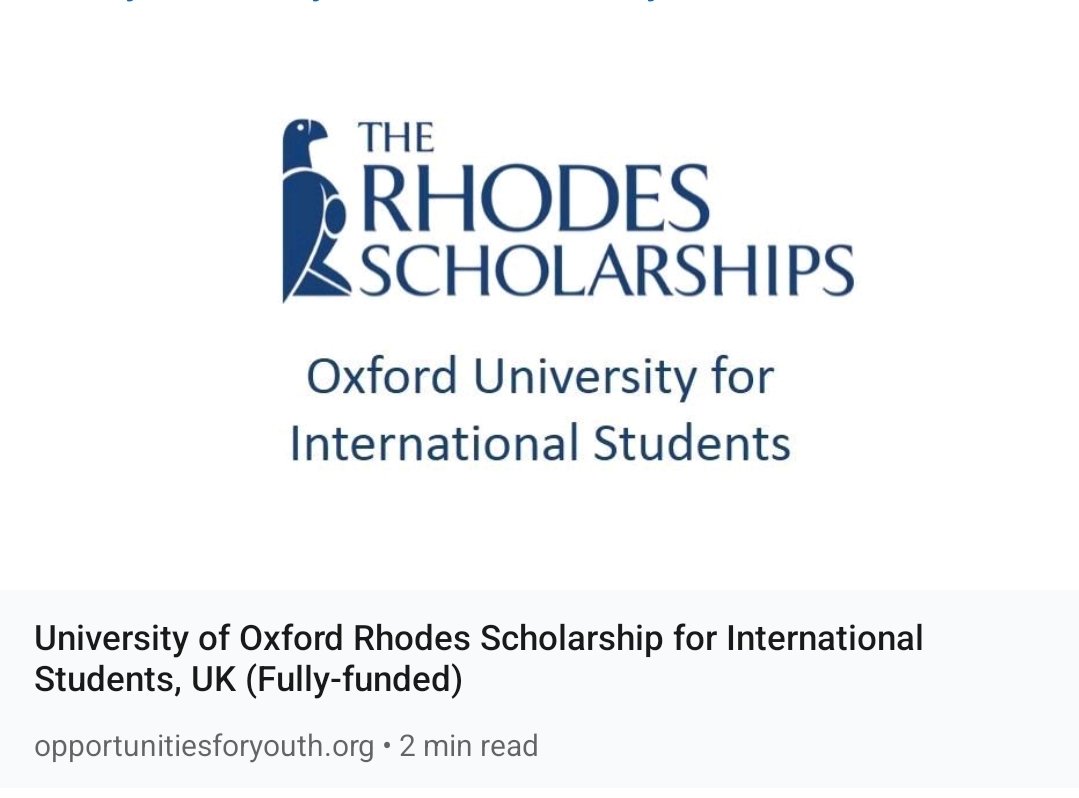 Apply for the University of Oxford Rhodes Scholarship! Fully funded for international students pursuing postgraduate courses. 100 scholarships available. Deadline varies by country. Link: bit.ly/3OoV6bY

 #Scholarship #RhodesScholarship #StudyinUK #InternationalStudents