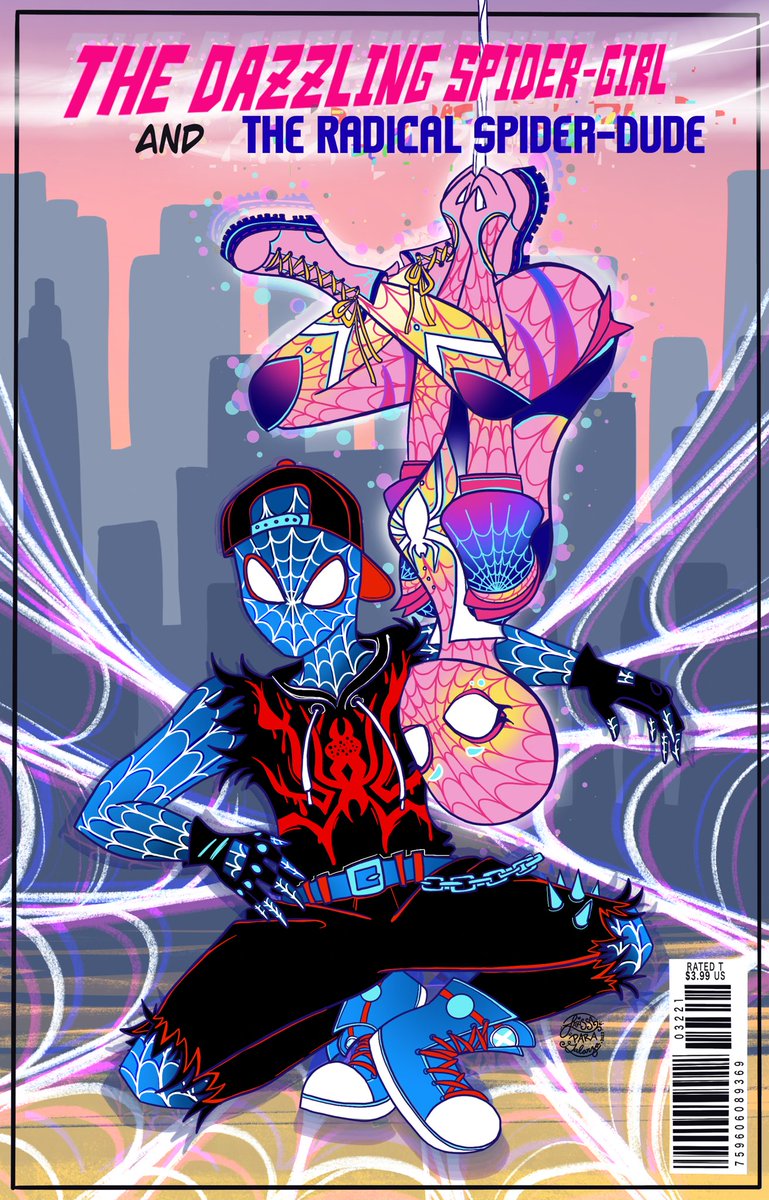 Parody illustration I drew of <a href="/uppermindink/">✎ 𝕵𝖚𝖘𝖙𝖔𝖓⚔️✨</a> and I’s #spidersonas! The Dazzling Spider-Girl &amp; The Radical Spider-Dude! 🕷️🕸️💖 #spiderverse #Spiderman