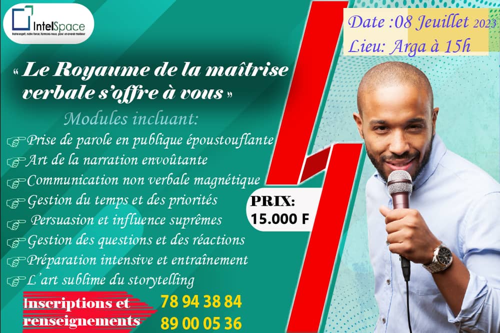 space_intel's tweet image. ✨ Ne manquez pas cette opportunité unique de briller dans vos discours et présentations. Inscrivez-vous dès maintenant pour faire de chaque mot que vous prononcez un véritable chef-d'œuvre. 
📅 Date : À partir du 8 Juillet 📞 Contact : 89 00 05 36 / 78 94 38 84