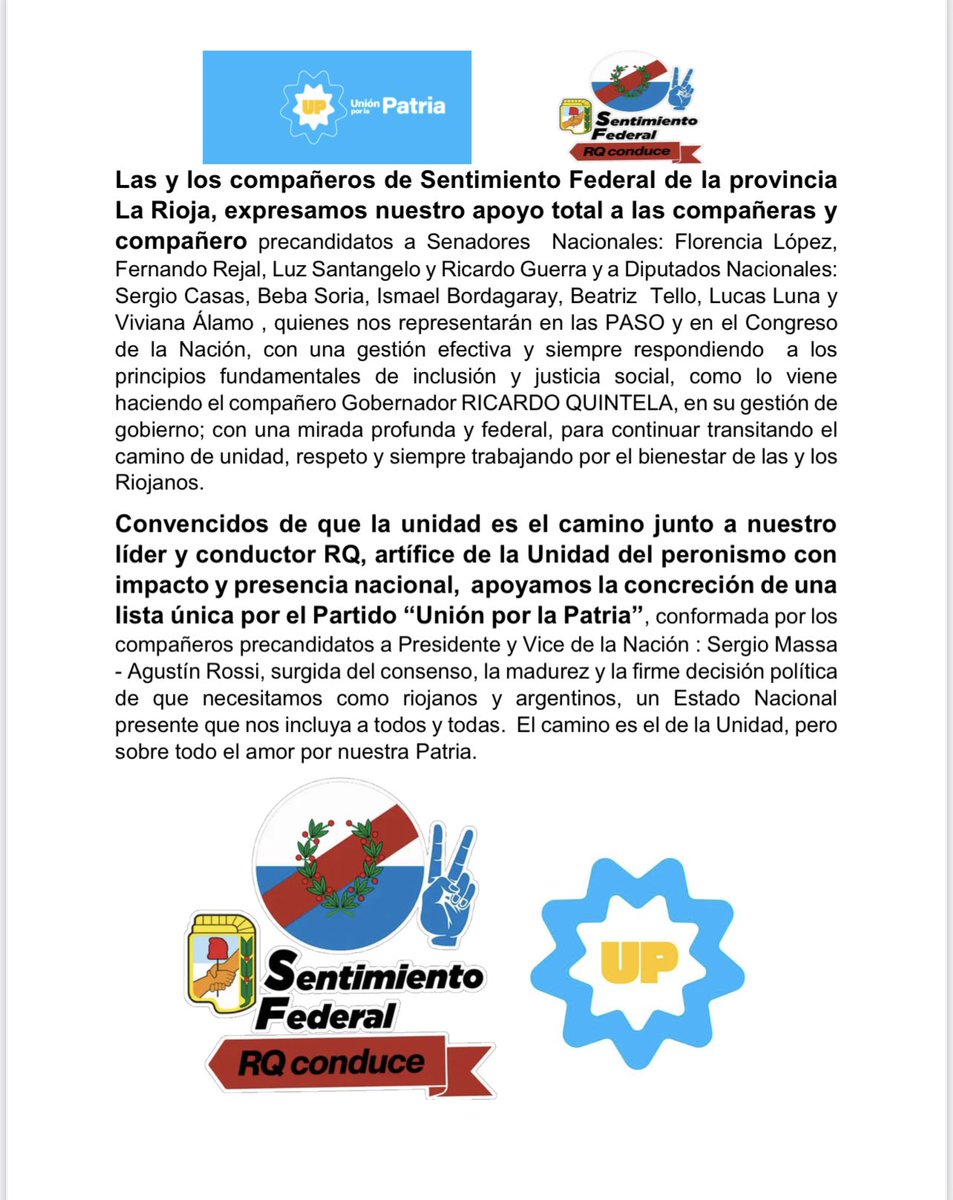 AdrianLaRioja's tweet photo. El Dato:
El apoyo de #SentimientoFederal a la formulas que eligió @QuintelaRicardo
@Fabidelafuente1
@Florelop @jfrejal @SergioGCasas https://t.co/Qqu6lZuf3O