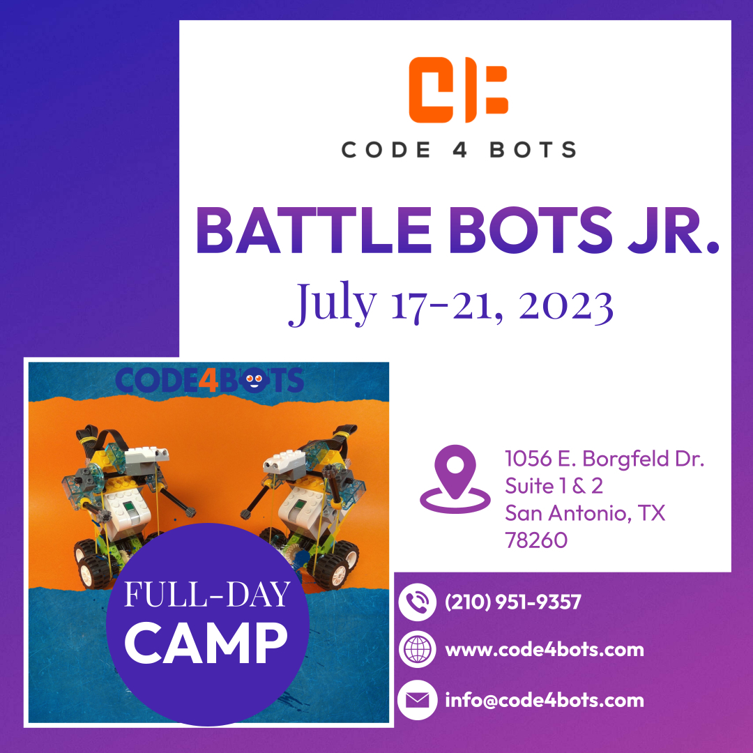 Let's get ready to rumble! Don’t miss this opportunity for your kids to build code and play with unique battle ready robots.  Will they be crowned Battle Bot champion?  Details at: buff.ly/3Jr55xZ 
#code4bots
#battlebots
#stemcamps