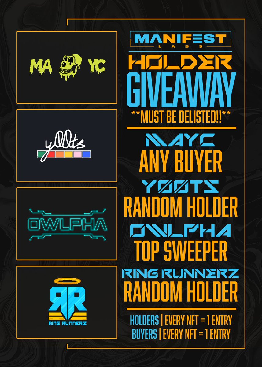 Epic giveaway from MNFST Labs!  We’re giving away… 

1x MAYC from @BoredapeYC 
1x <a href="/y00tsNFT/">y00ts</a>
1x <a href="/OwlphaNFT/">OWLPHΛ</a>
1x @RingRunnerz 

The giveaway includes buyers and holders across all MNFST Labs’ IPs (Owls, GEG, Bombs, RR and R79).  Must be delisted to win.  #MNFST SZN in full swing.