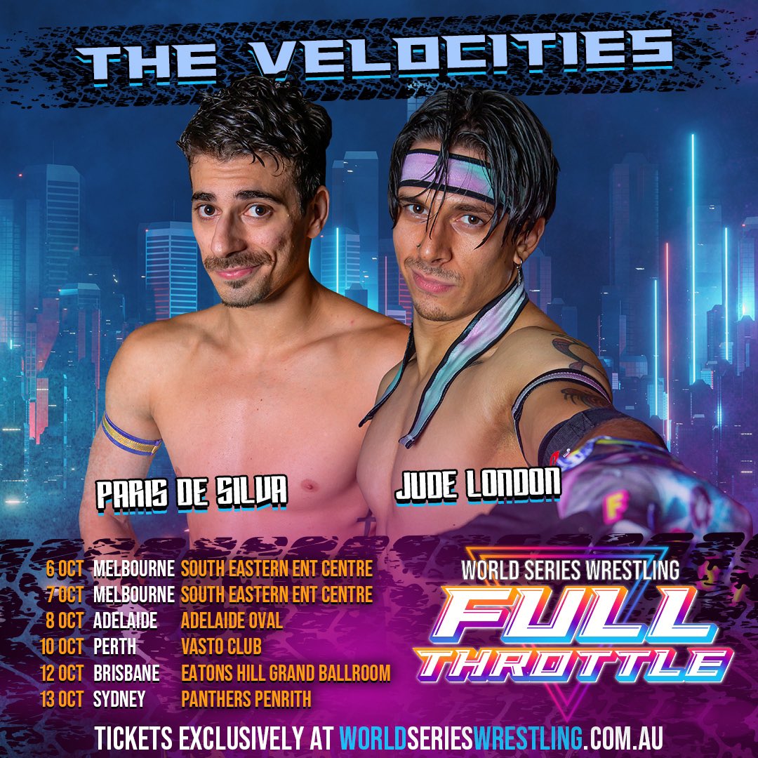 Joining the Melbourne and Sydney legs of @WSWWrestlingAUS #fullthrottle tour are one of the Australia’s premier tag teams and stars of @pwaaustralia @JudeDudeLondon and @ParisDeSilva22 The Velocities. 

#wsw2023