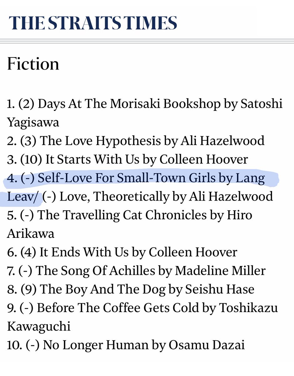Self-Love for Small-Town Girls debuts at #4 on the @straits_times bestseller list! Thank you to my amazing readers for your support 💙