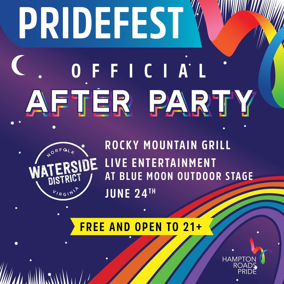 HRPrideVA's tweet photo. Thank you for attending PrideFest! The party continues at Waterside District 8 pm until 11 pm. {21+} Join us for live music  and enjoy unique pride cocktails, with proceeds contributing to our scholarship fund.

See you at the Afters' 

#PrideFest #757Pride #BreakFree23 https://t.co/KjG1ahfavH