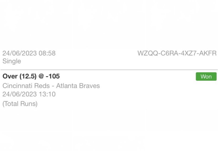 We are 1-1 on the day 

Braves/Reds over 12.5=✅Winner
Rangers RL=Loss

#GamblingTwitter #MLB #MLBPicks #sportsbettingtwitter #sportsbettingpicks #SportsGambling #bettingpicks