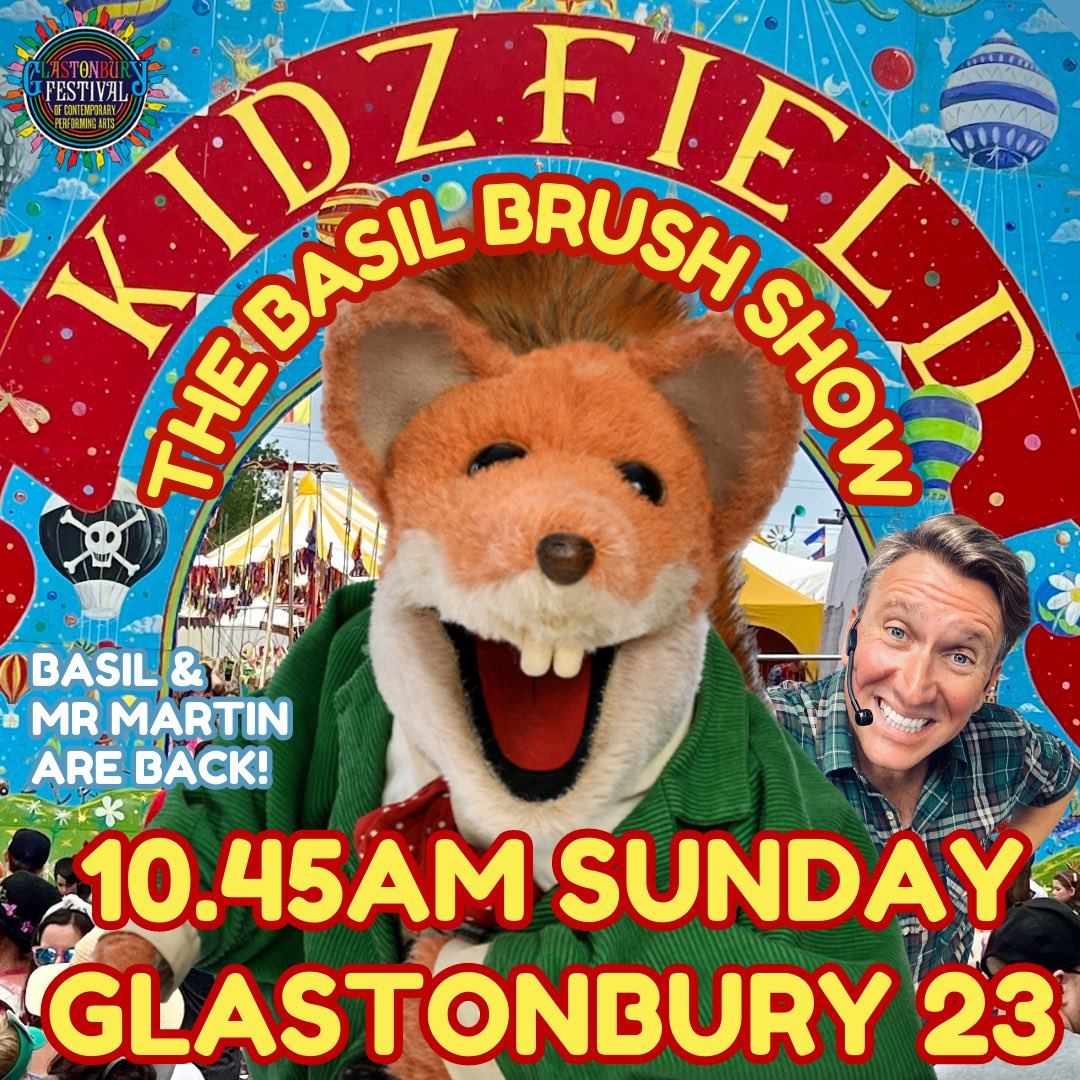 Today (Sunday) we are on early at 10.45am in the Kidzfield, Big Top. Come and see our last performance here at Glastonbury 🎪 @kidzfield @glastonbury #basilbrush #glastonbury2023 @realbasilbrush