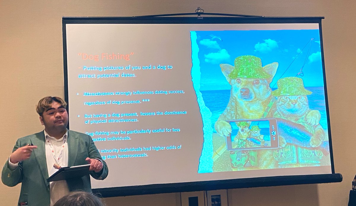 .<a href="/maron_demecillo/">Maron Demecillo</a> presented his ugrad hons research fr my lab at <a href="/MacEwanU/">MacEwan University</a> at @CPA_SCP today. He showed how/when having a dog present in an online dating profile influences the likelihood of getting a ‘match’ (known as dog-phishing). Work supported by <a href="/MacEwanResearch/">MacEwan Research</a> #cpa2023