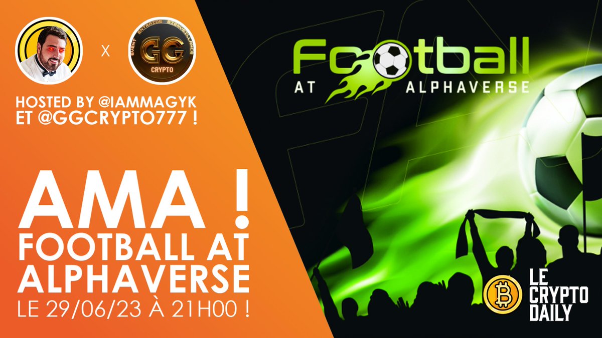 Oyoo les #GGCrypto, les fans de #football, les fans de #jeuxvideo !

Avec <a href="/LeCryptoDaily/">Le Crypto Daily</a>, @IAmMagyk nous vous proposons un DUO pour cet AMA ONLINE avec le projet : <a href="/FootballAlphaV/">Football at AlphaVerse</a> 😁⚽️

Prenez vos places pour ce projet #Web3, le jeudi 29/06/23, 21H:
x.com/i/spaces/1mnxe…