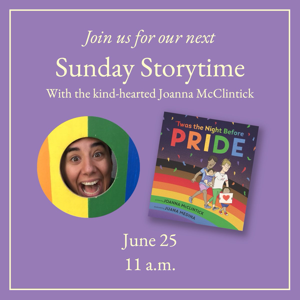 Join us at 11am for Sunday Storytime with @jmc_clintick! She'll be reading 'Twas the Night Before Pride'. So excited!