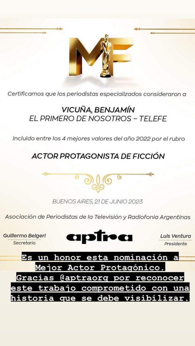 DedicadoBVicuna's tweet photo. Ig storie @benjavicunamori Es un honor esta nominación a Mejor Actor Protagónico.
Gracias @aptra_ok por reconocer este trabajo comprometido con una historia que se debe visibilizar
#BenjaminVicuña #ElPrimeroDeNosotros #EPDN #Telefe #Paramount https://t.co/O5li4Jk6R6