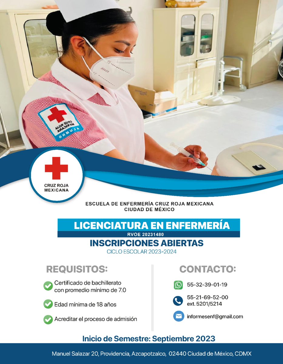 ¿Eres una persona comprometida, con vocación de servicio y deseos de ayudar? ¡La Licenciatura en Enfermería es la opción perfecta para ti! 🌍❤️ #CruzRojaMexicana #CruzRoja #CDMX #SéParte #Licenciatura #Enfermería