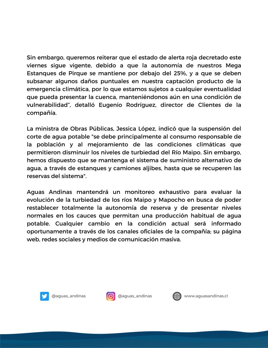 ⚠️ Aguas Andinas y el Ministerio de Obras Públicas informaron la cancelación del corte programado para las 20:00 horas de hoy en 34 comunas de la Región Metropolitana.

Más info ⬇️