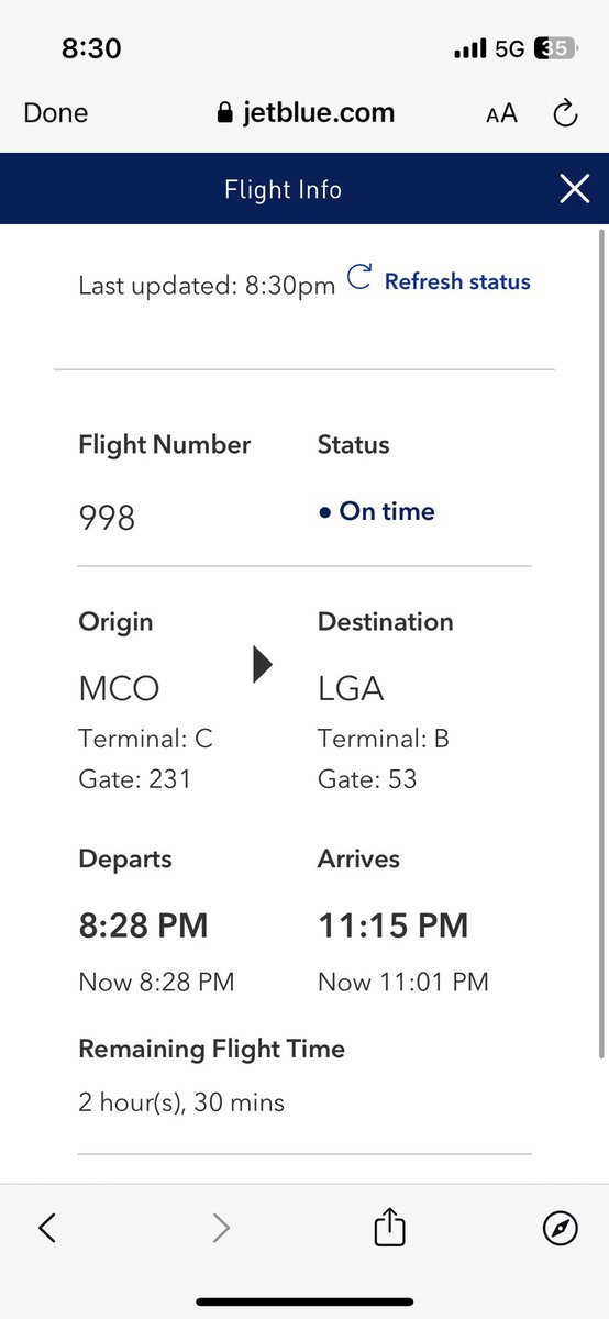 jennchu's tweet photo. @JetBlue @JetBlue I’m tracking the flight status on your website but it’s definitely inaccurate. Status shows 8:28pm departure. It’s 8:30pm and the plane is nowhere to be found. Can the JetBlue gods locate our missing plane?! https://t.co/E52fi5IEmD