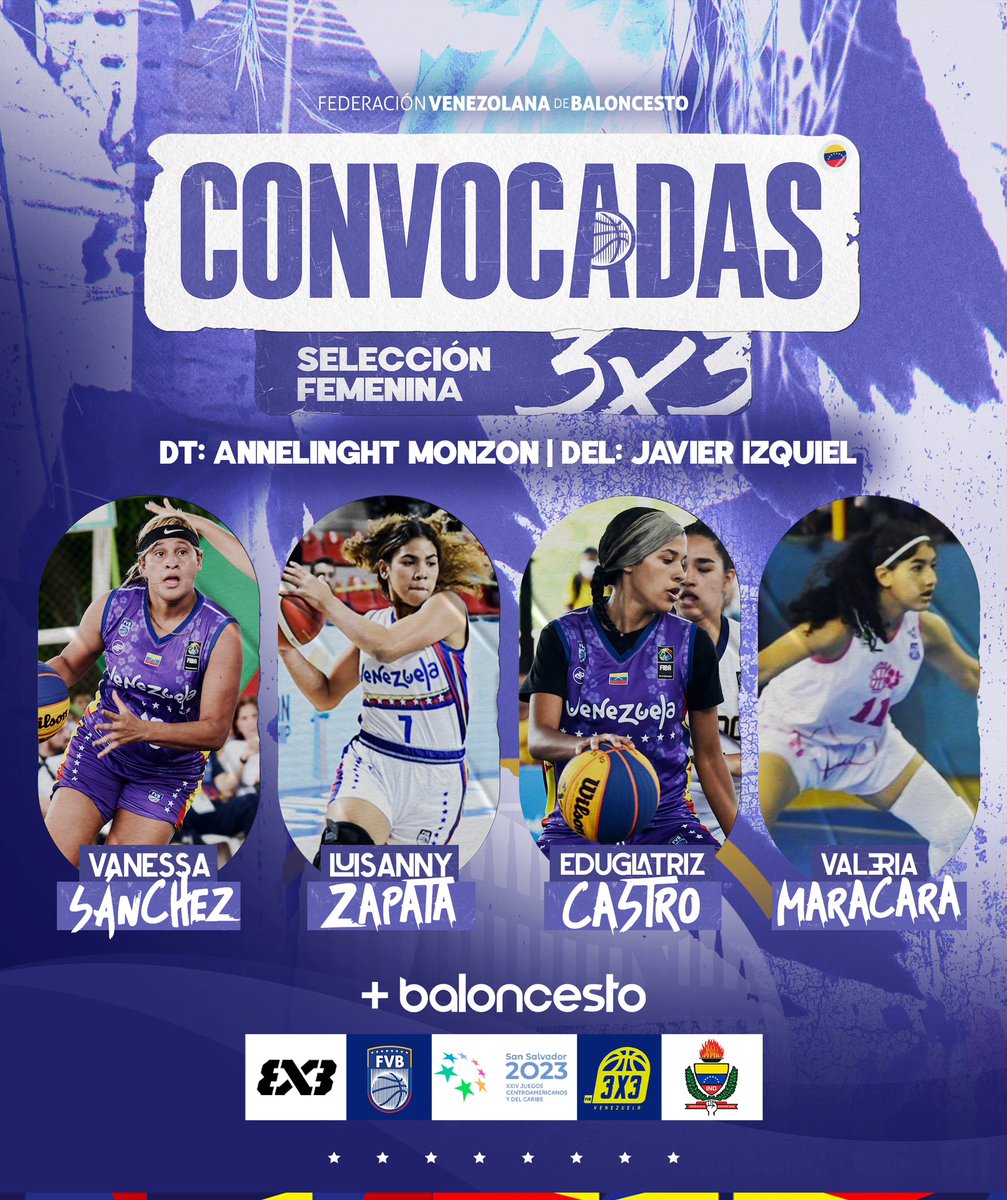 FVBbasketball's tweet photo. 🇻🇪 Les presentamos a la Selección Femenina 3x3 que representará a Venezuela en los Juegos Centroamericanos y del Caribe San Salvador 2023:

- Eduglatriz Castro 
- Valeria Maracara
- Vanessa Sánchez 
- Luisanny Zapata 

DT: Annelinght Monzón.
DEL: Javier Izquiel. https://t.co/lzalmVEYX2