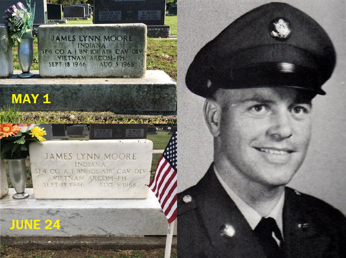 SP4 James Lynn Moore from Pendleton, IN died in Vietnam on Aug 5, 1968.

Buried at Grove Lawn Cemetery in Pendleton, GPS (40.011119, -85.742669).

Headstone cleaned May 1 thru June 24, 2023.  Lots of work.

Regular Army, 21 years old.

RIP James, thanks for your sacrifice.