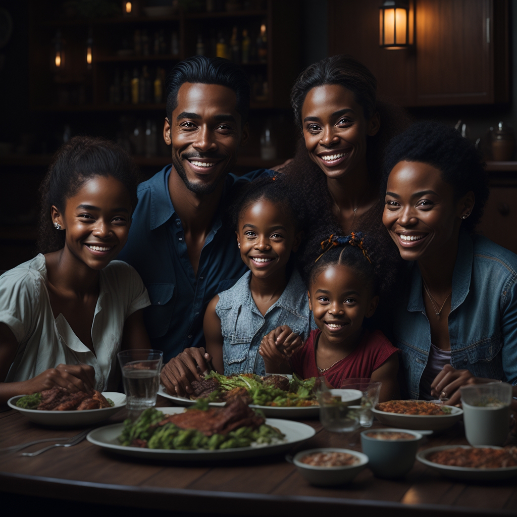 A #Family from #USA enjoying dinner, #HappyFamilyMonth, #FamilyPride, #SaveTheKids, #BrightFutur, #TogetherStronger, #Ai_Art