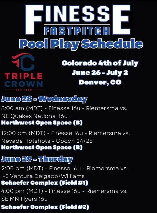 So excited for Colorado this week!! Here is our pool play games and bracket play game! @COSparkFire @WMUSoftball @ASUSoftball @clemsonsoftball @NDsoftball @SBRRetweets @GVSUSoftball @umichsoftball @JAX_Softball #uncommited #classof2025 #fastpitchsoftball