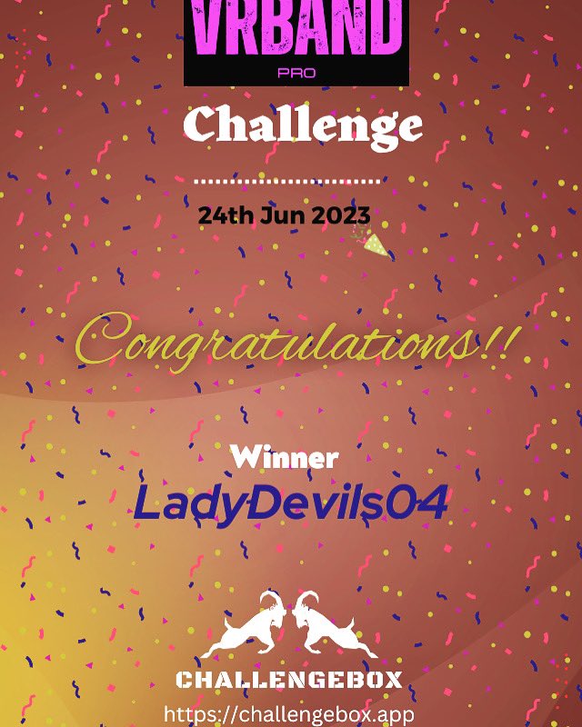 ChallengeBoxVR's tweet photo. Congrats @ladydevils04 👏 for winner @vrbandpro #fitness #challenge. 
You are the best as always. 
.
.
.
#virtualrealityfitness 
#vrfitness #vrsports #vrworkout #VRHealth #ActiveVR #vrfit #vrgame #vr #mr #xr #virtualreality #quest #oculus #fitness #vrgaming #mixedreality #workout https://t.co/mXenS7tcpm