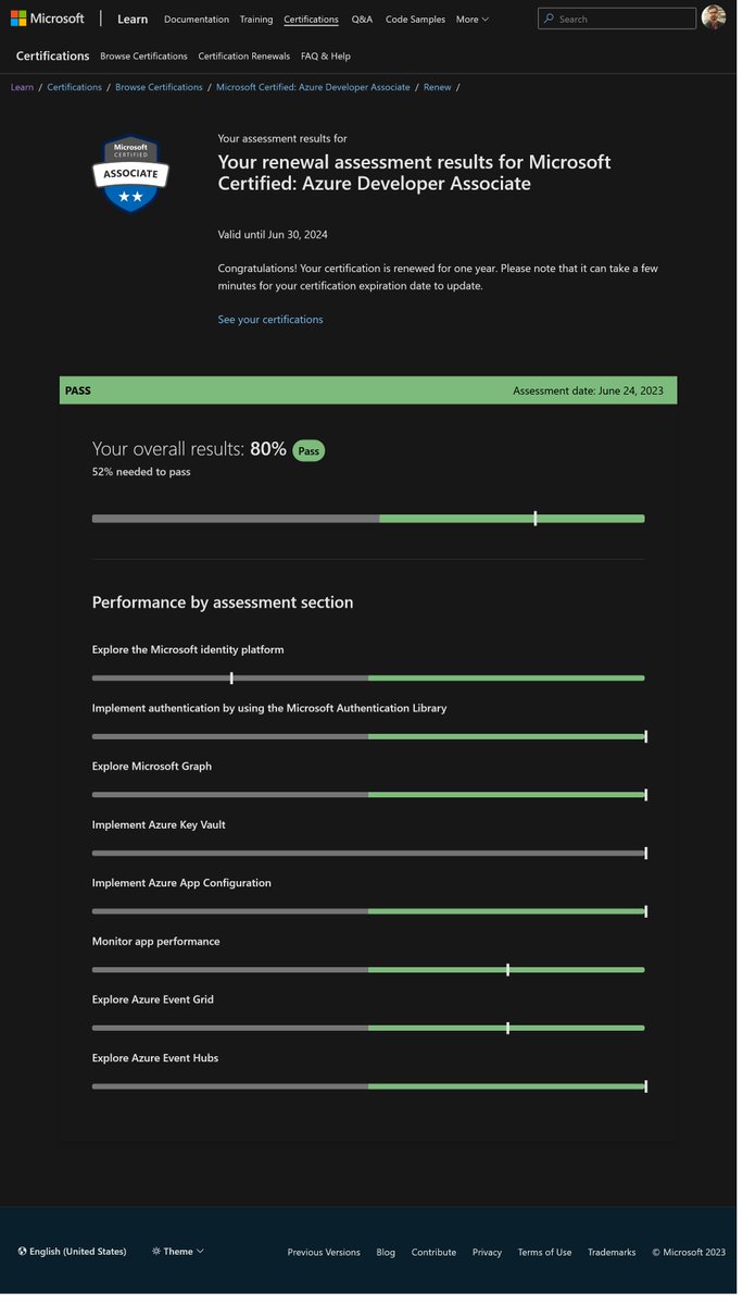 robertlluberes's tweet image. Exciting news! Just renewed my Microsoft Certified: Azure Developer  Associate certification. 🎉 Passed with 80%,  but there&apos;s room for improvement. Time to dive deeper into Azure Event  Grid, monitor app performance, and explore the Microsoft identity  platform. #AzureDeveloper