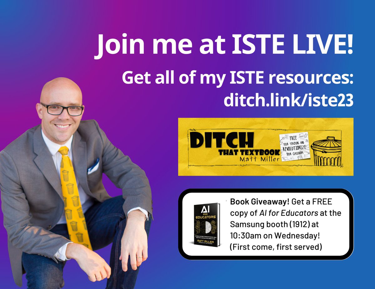 jmattmiller's tweet photo. All of my #ISTELive resources on one page, including:

📆 Session times, dates, locations
🔗 Links to slide decks and resources
📺 Live stream links!

https://t.co/Gg1tB39OKF

(Some ♥️ for my #NotAtISTE friends)

#ISTELive #ISTELive23 #ISTE23 #ISTE #ISTEAmbassador https://t.co/gBUH10rUu1